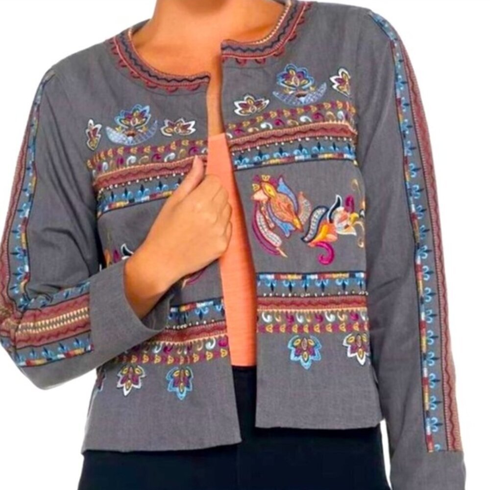 Laurie Felt | Gray Cotton Boho-Chic Embroidered Jacket, Size S